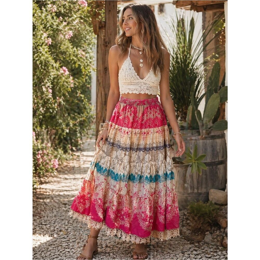 Sundance Bohemian Crocheted Trim Maxi Skirt - Pink and Cream